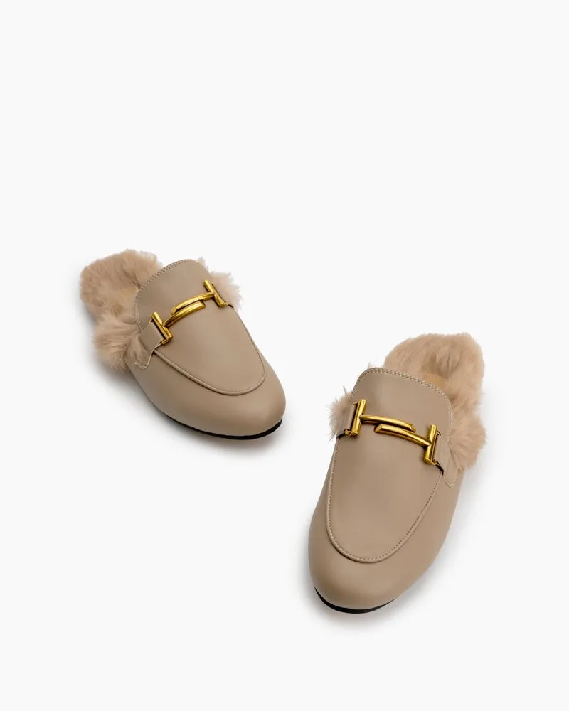 Chain Closed Toe Fur Backless Slip on Slides Mules