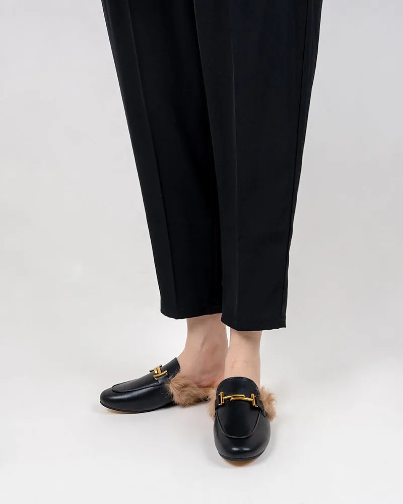 Chain Closed Toe Fur Backless Slip on Slides Mules