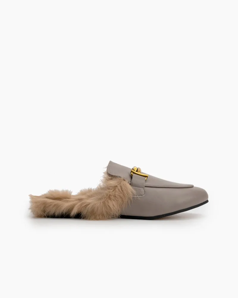 Chain Closed Toe Fur Backless Slip on Slides Mules