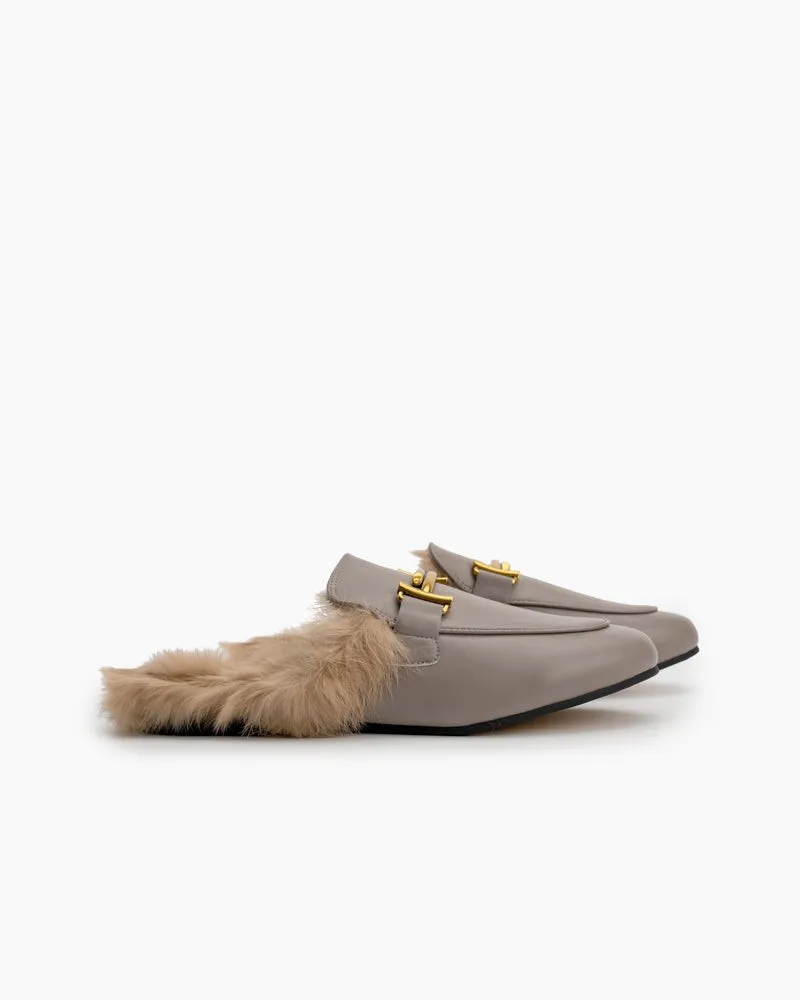 Chain Closed Toe Fur Backless Slip on Slides Mules