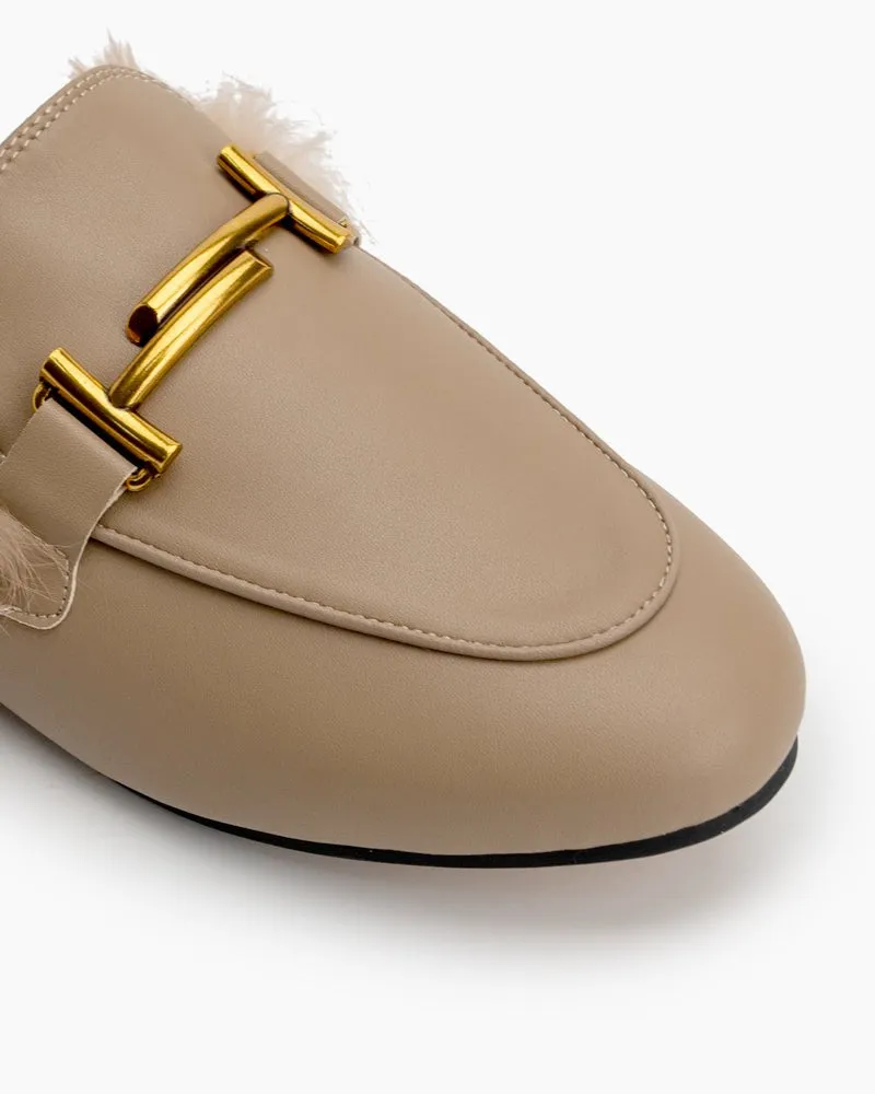 Chain Closed Toe Fur Backless Slip on Slides Mules