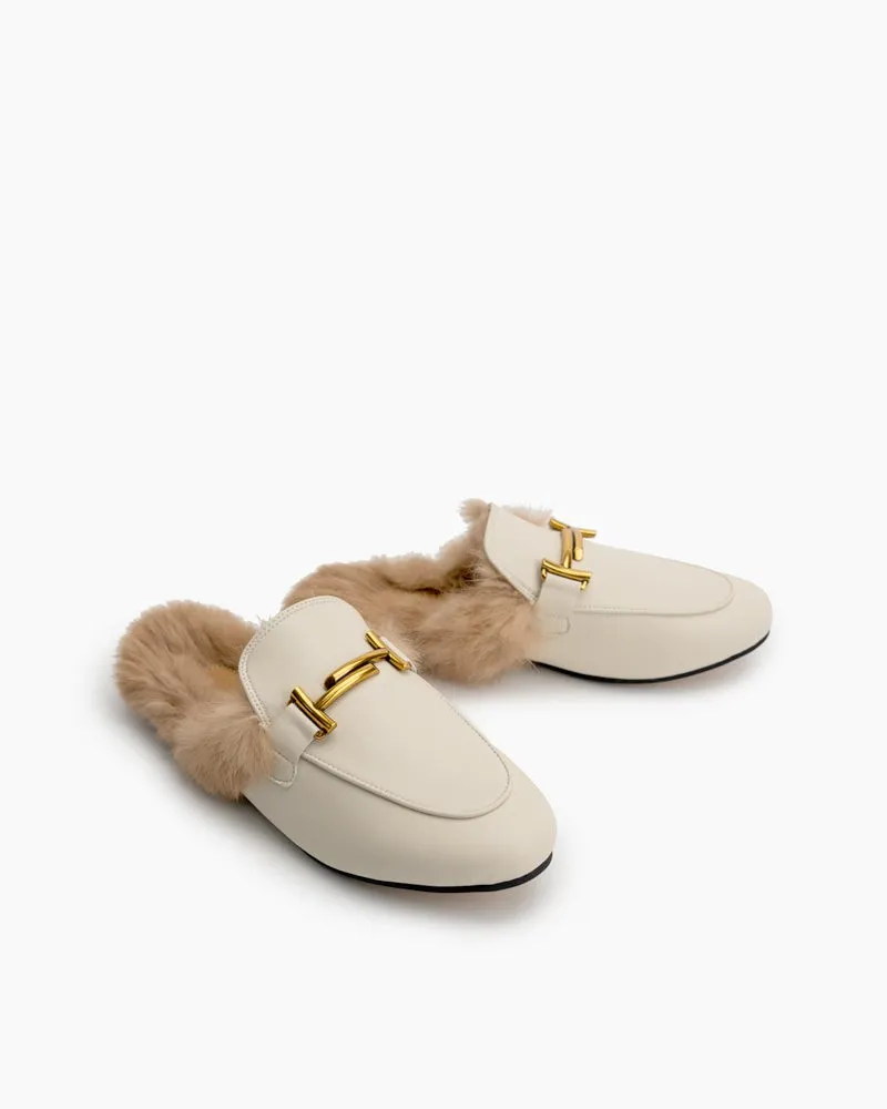Chain Closed Toe Fur Backless Slip on Slides Mules