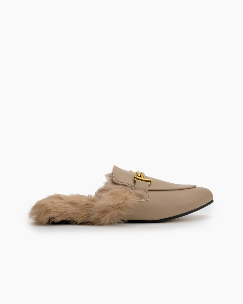 Chain Closed Toe Fur Backless Slip on Slides Mules