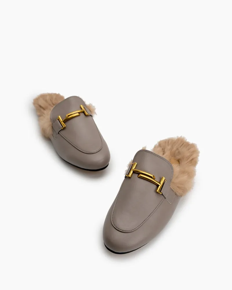 Chain Closed Toe Fur Backless Slip on Slides Mules