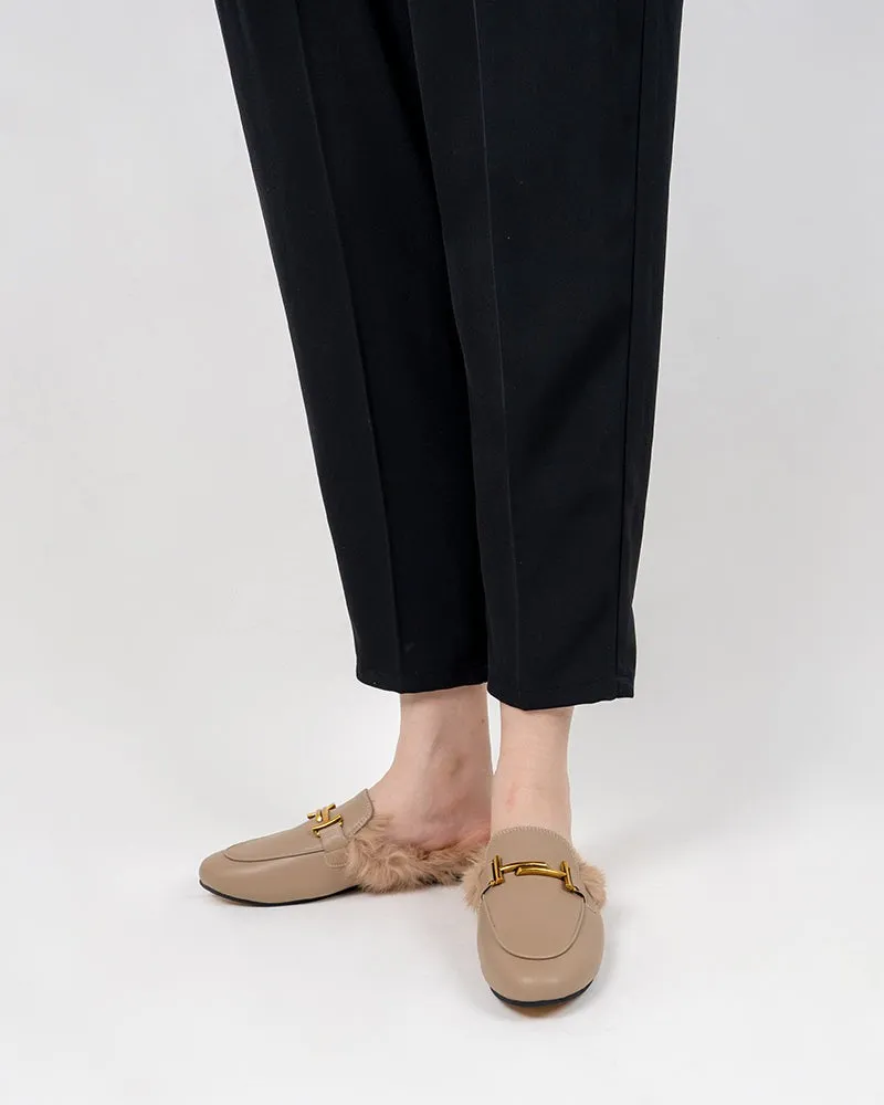 Chain Closed Toe Fur Backless Slip on Slides Mules