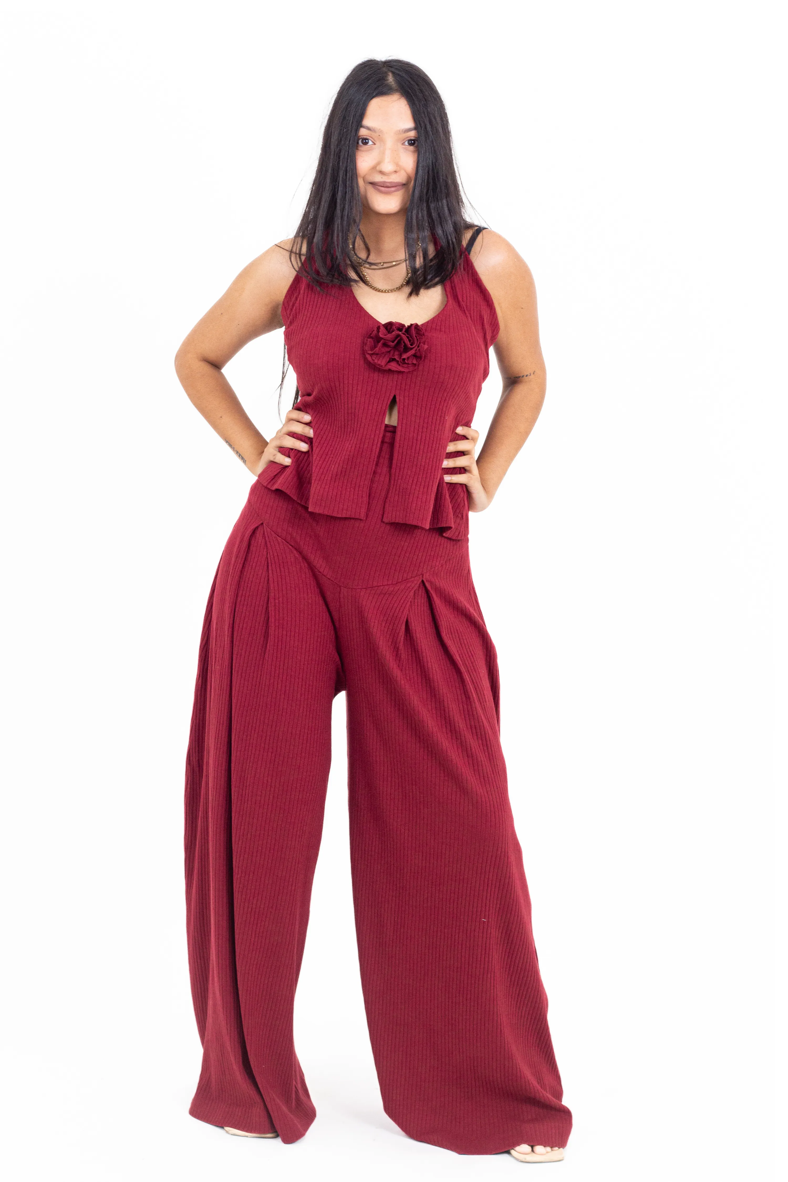 Cherry Red Ribbed Corset Pants