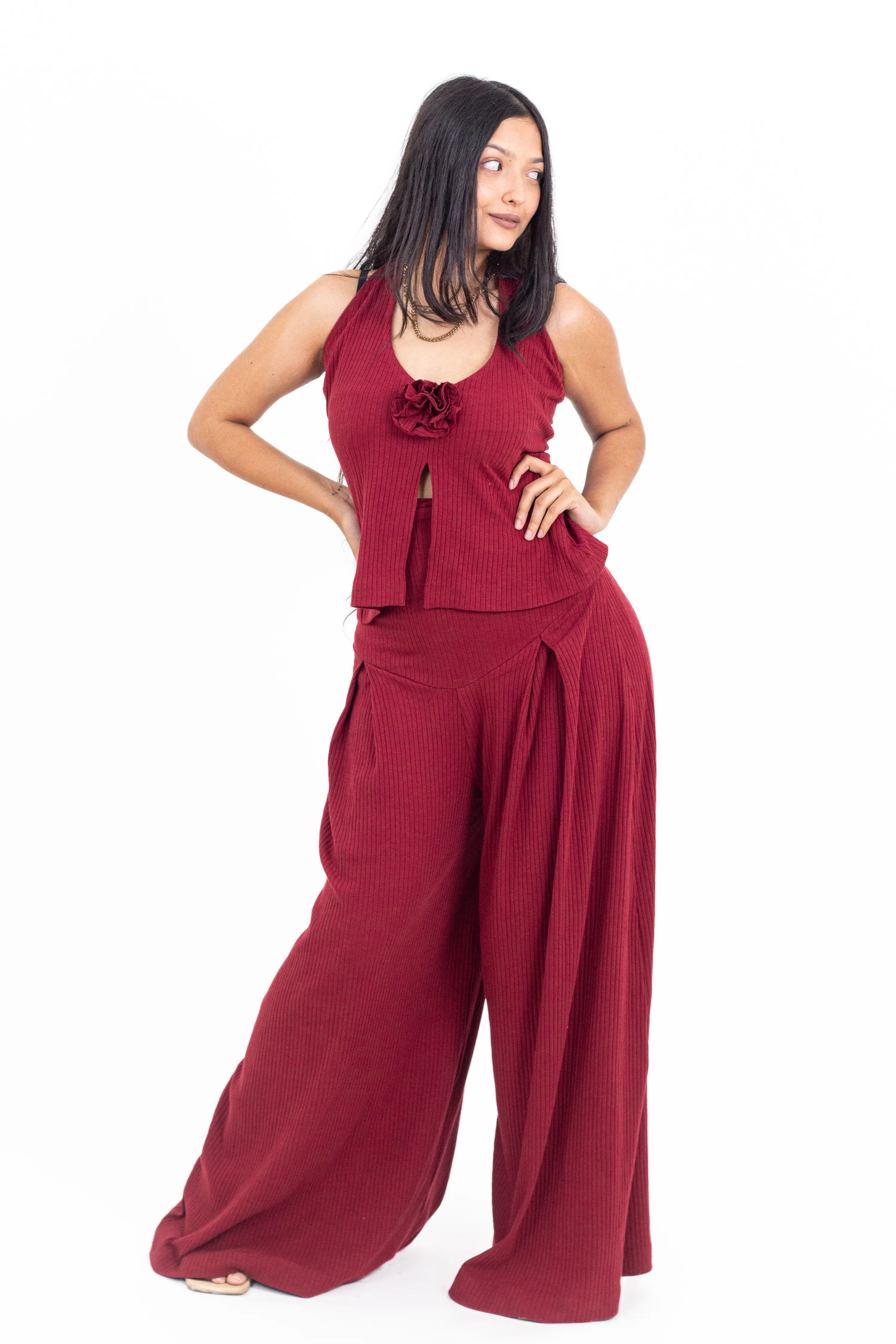 Cherry Red Ribbed Corset Pants