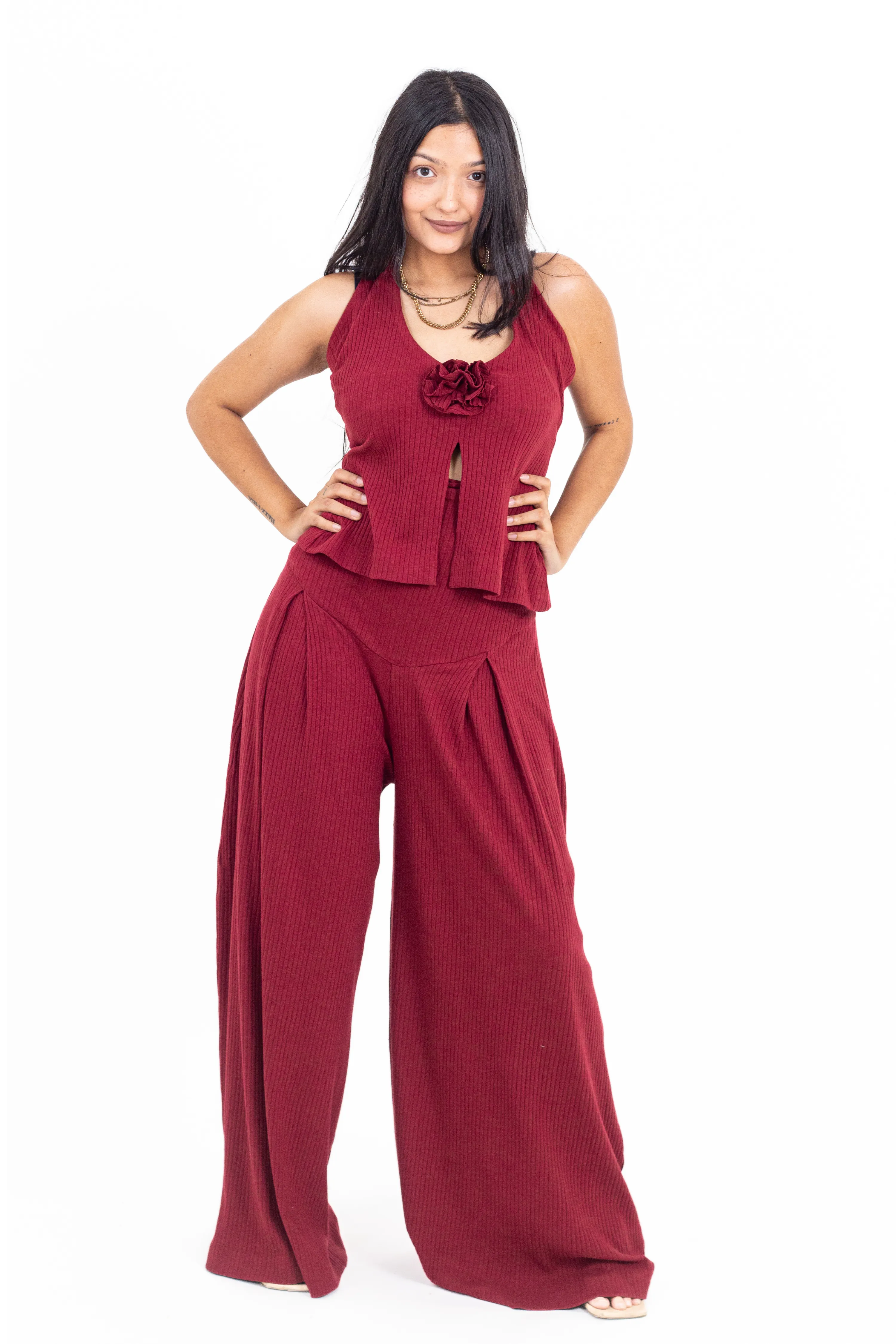 Cherry Red Ribbed Corset Pants