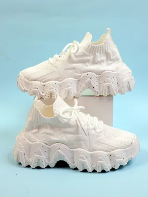 Chevron Lace Up Decor Knit Chunky Sneakers - White - FD ⚡