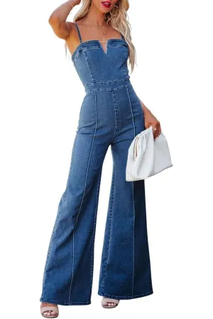 Chouyatou Women's Vintage Distressed Adjustable Strap Denim Overalls Stretchy Sleeveless Jumpsuit Jeans Pants