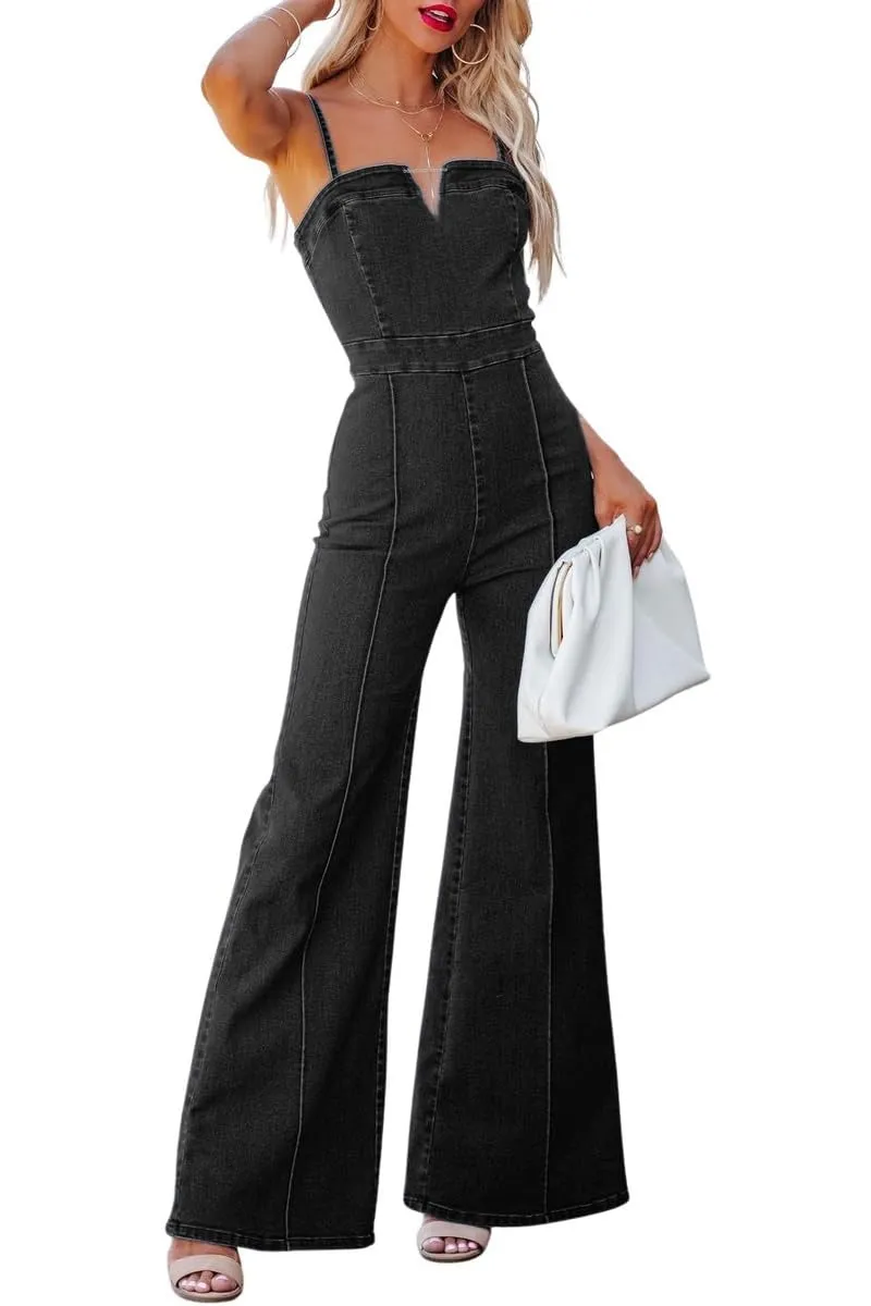 Chouyatou Women's Vintage Distressed Adjustable Strap Denim Overalls Stretchy Sleeveless Jumpsuit Jeans Pants