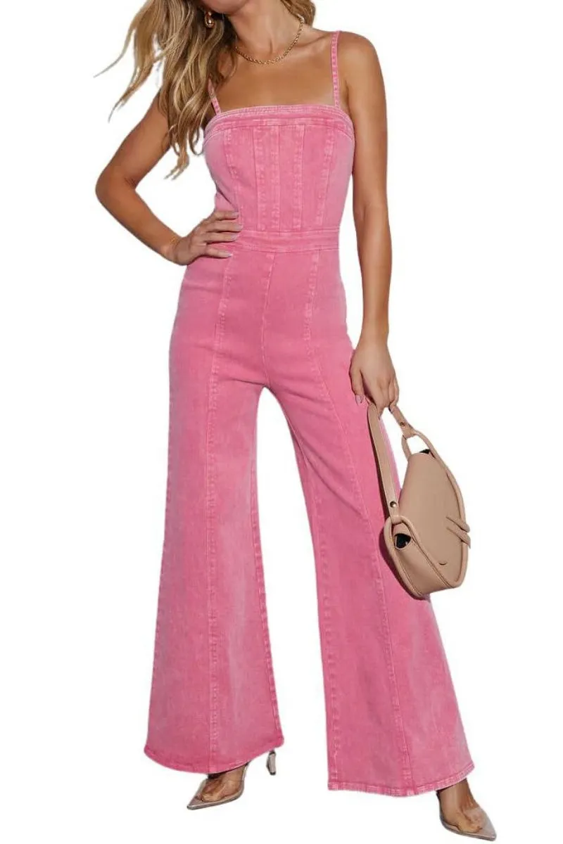 Chouyatou Women's Vintage Distressed Adjustable Strap Denim Overalls Stretchy Sleeveless Jumpsuit Jeans Pants