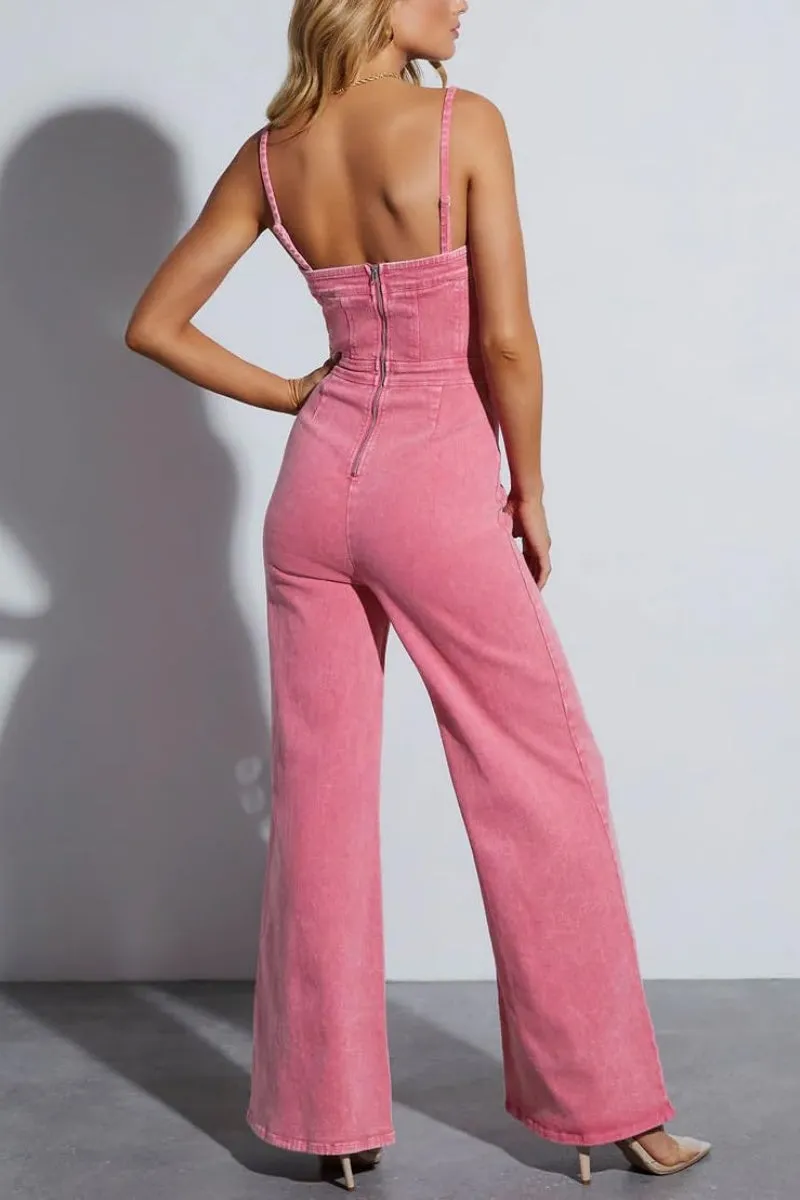 Chouyatou Women's Vintage Distressed Adjustable Strap Denim Overalls Stretchy Sleeveless Jumpsuit Jeans Pants