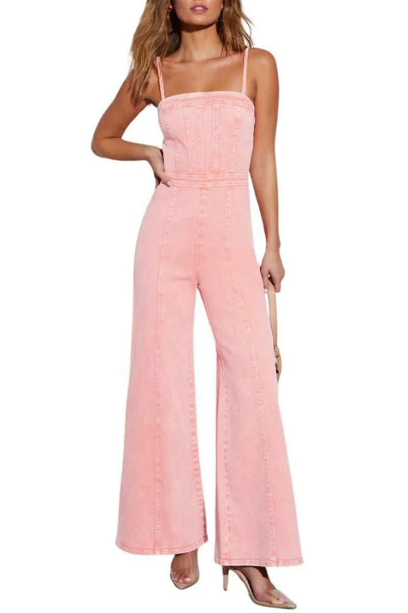 Chouyatou Women's Vintage Distressed Adjustable Strap Denim Overalls Stretchy Sleeveless Jumpsuit Jeans Pants