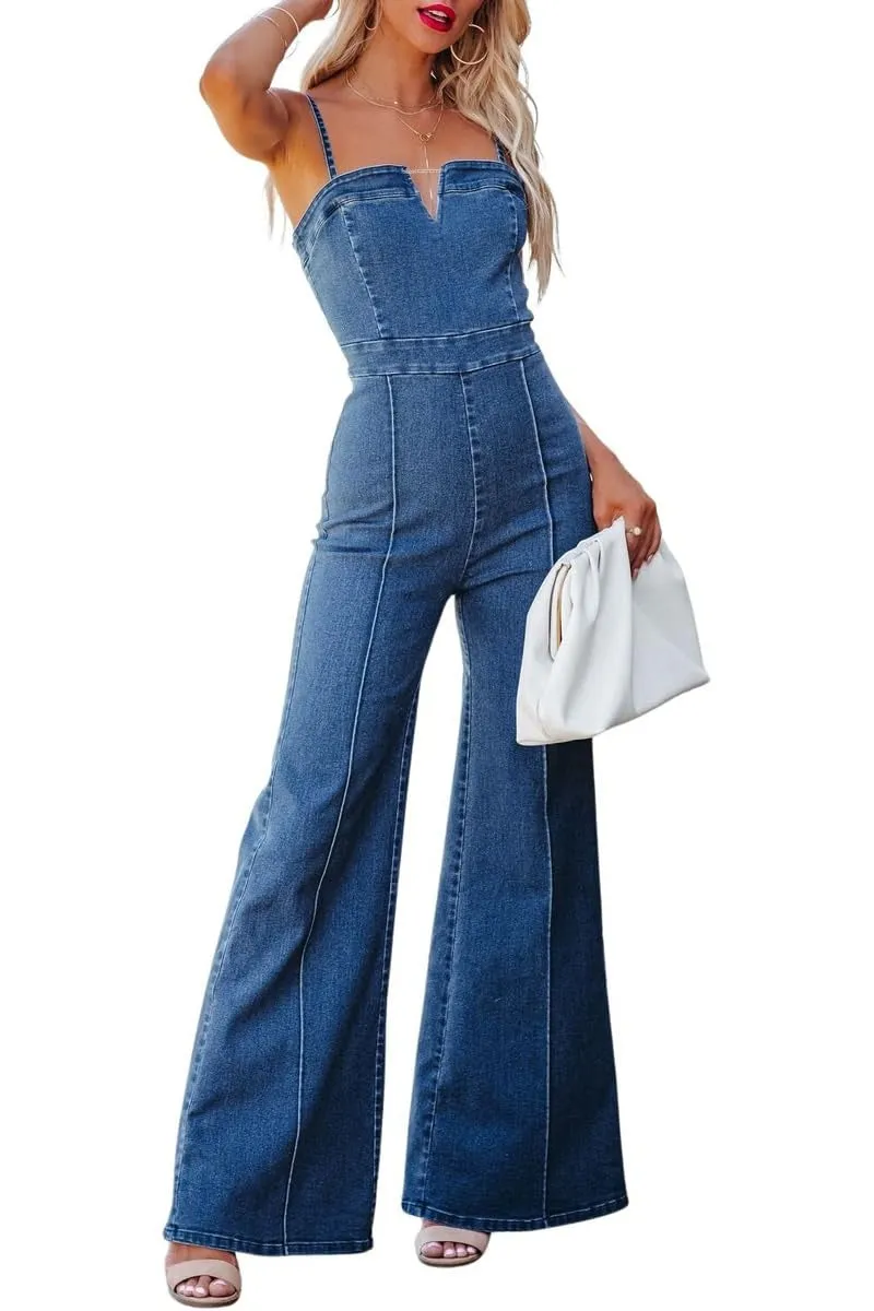 Chouyatou Women's Vintage Distressed Adjustable Strap Denim Overalls Stretchy Sleeveless Jumpsuit Jeans Pants