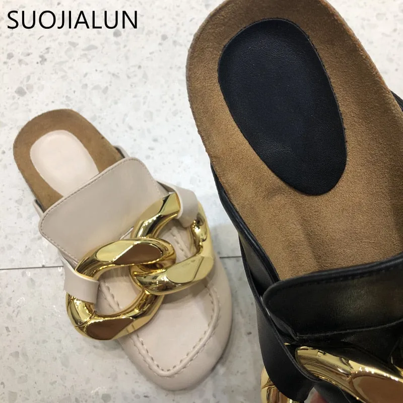 Chunky Gold Chain Flat Heel Round Toe Slip On Sandals