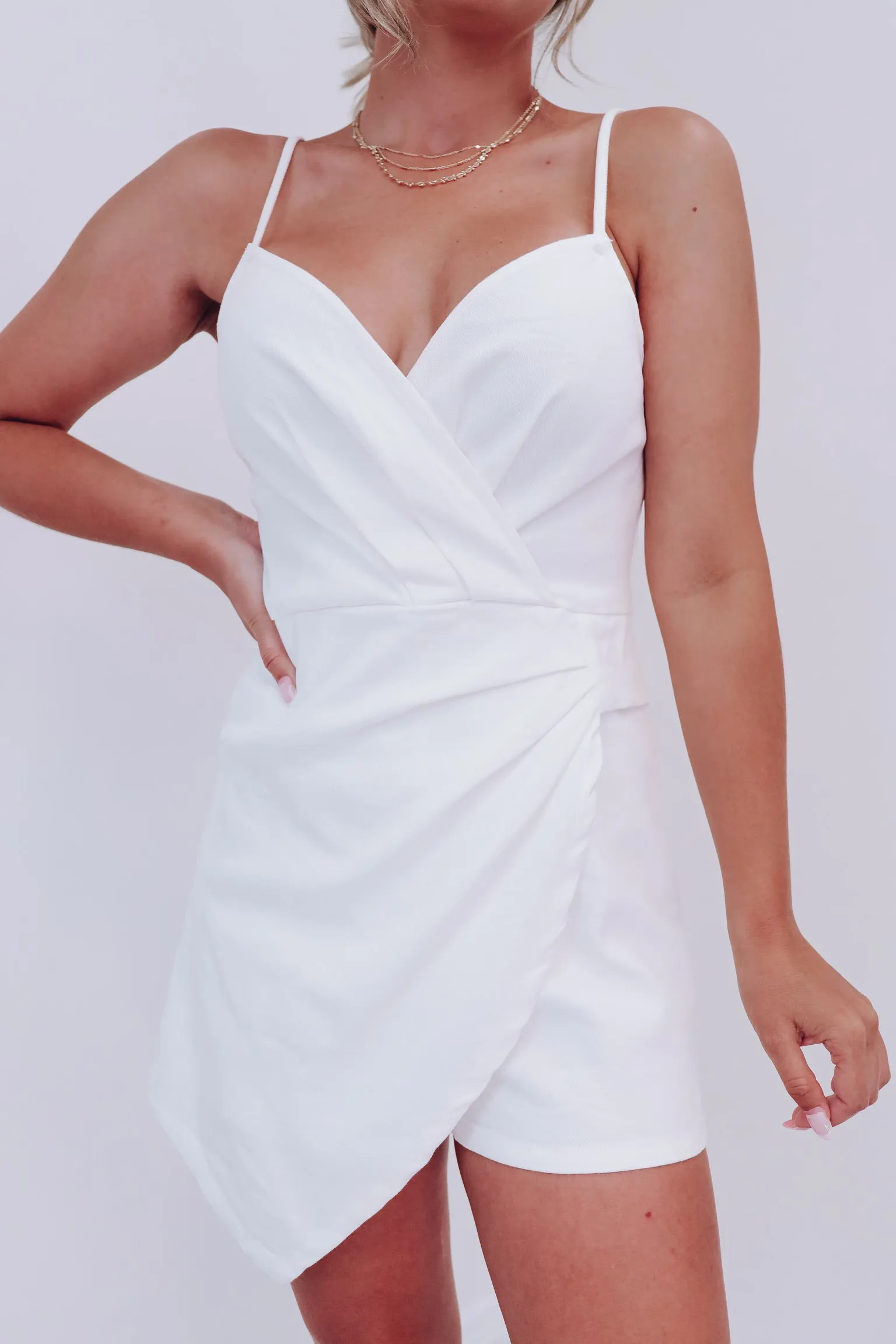 CiCi Cross Front Denim Romper- White