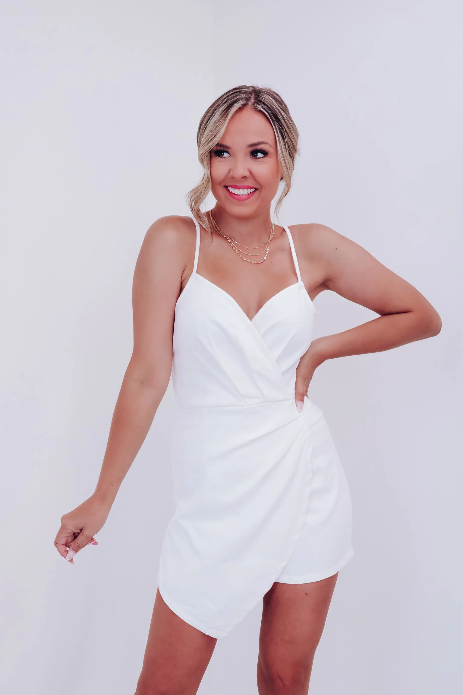 CiCi Cross Front Denim Romper- White