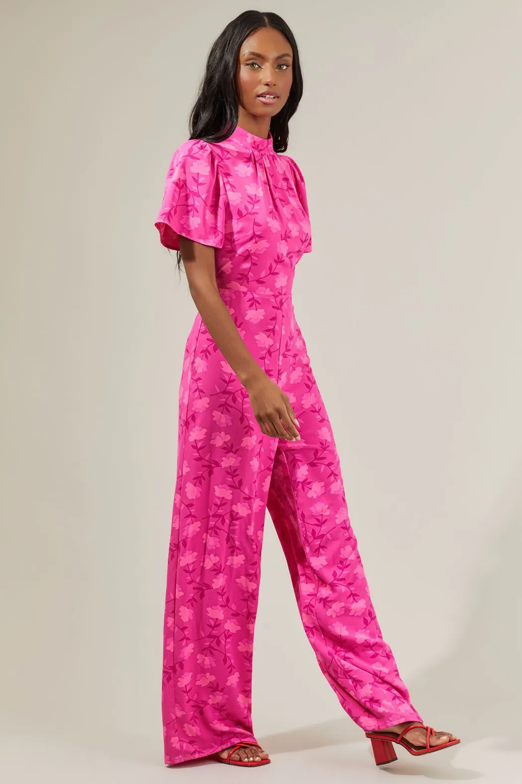 Clever Floral Mock Neck Wide Leg Jumpsuit