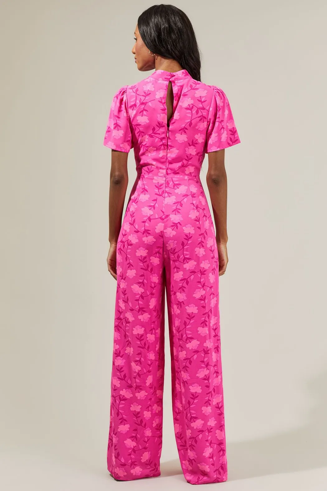 Clever Floral Mock Neck Wide Leg Jumpsuit
