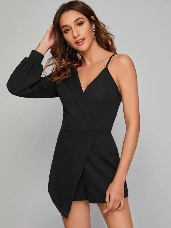 CM-JS202573 Women Casual Seoul Style Asymmetrical Neck Lantern Sleeve Wrap Romper - Black