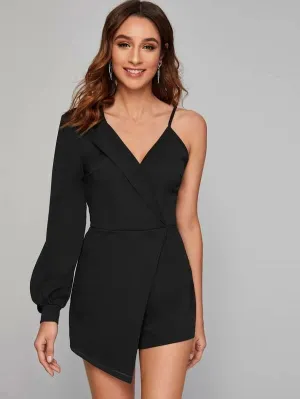 CM-JS202573 Women Casual Seoul Style Asymmetrical Neck Lantern Sleeve Wrap Romper - Black