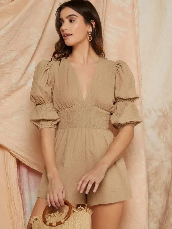 CM-JS228391 Women Casual Seoul Style Deep V-Neck Puff Sleeve Shirred Detail Romper - Khaki