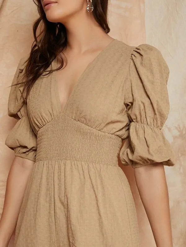 CM-JS228391 Women Casual Seoul Style Deep V-Neck Puff Sleeve Shirred Detail Romper - Khaki