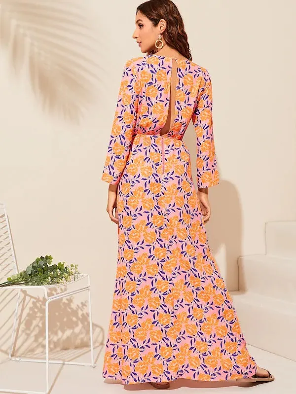 CM-JS403164 Women Casual Seoul Style Plunge Neck Floral Print Maxi Romper