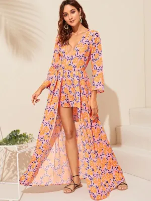 CM-JS403164 Women Casual Seoul Style Plunge Neck Floral Print Maxi Romper