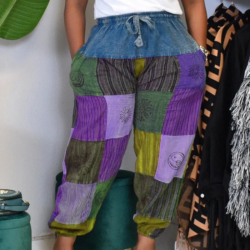 Colorblock Print Patchwork Pocket Design Drawstring Loose Pants