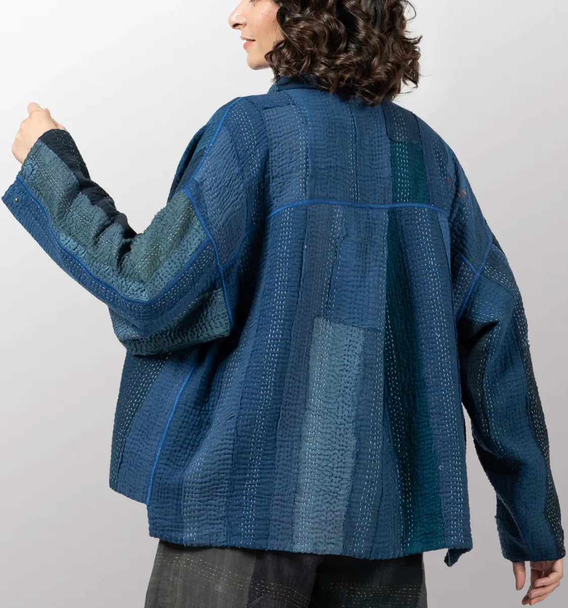 Cotton Stripe  Patch Kantha Cropped Shirt Jacket
