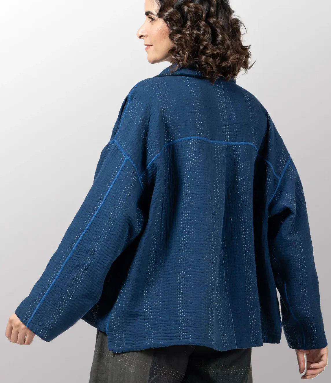 Cotton Stripe  Patch Kantha Cropped Shirt Jacket