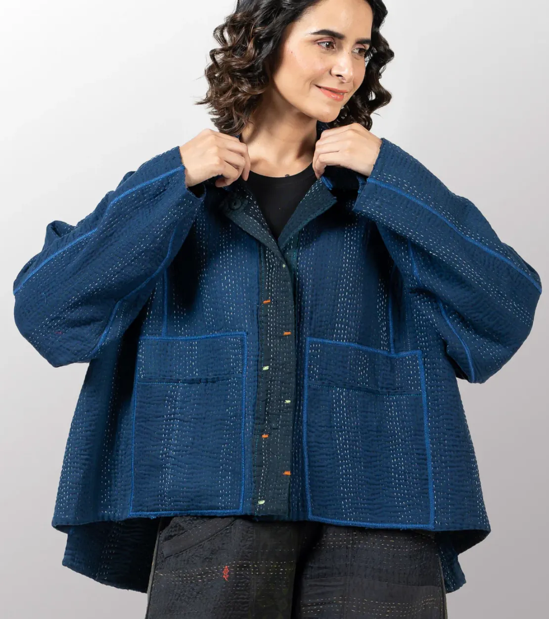 Cotton Stripe  Patch Kantha Cropped Shirt Jacket
