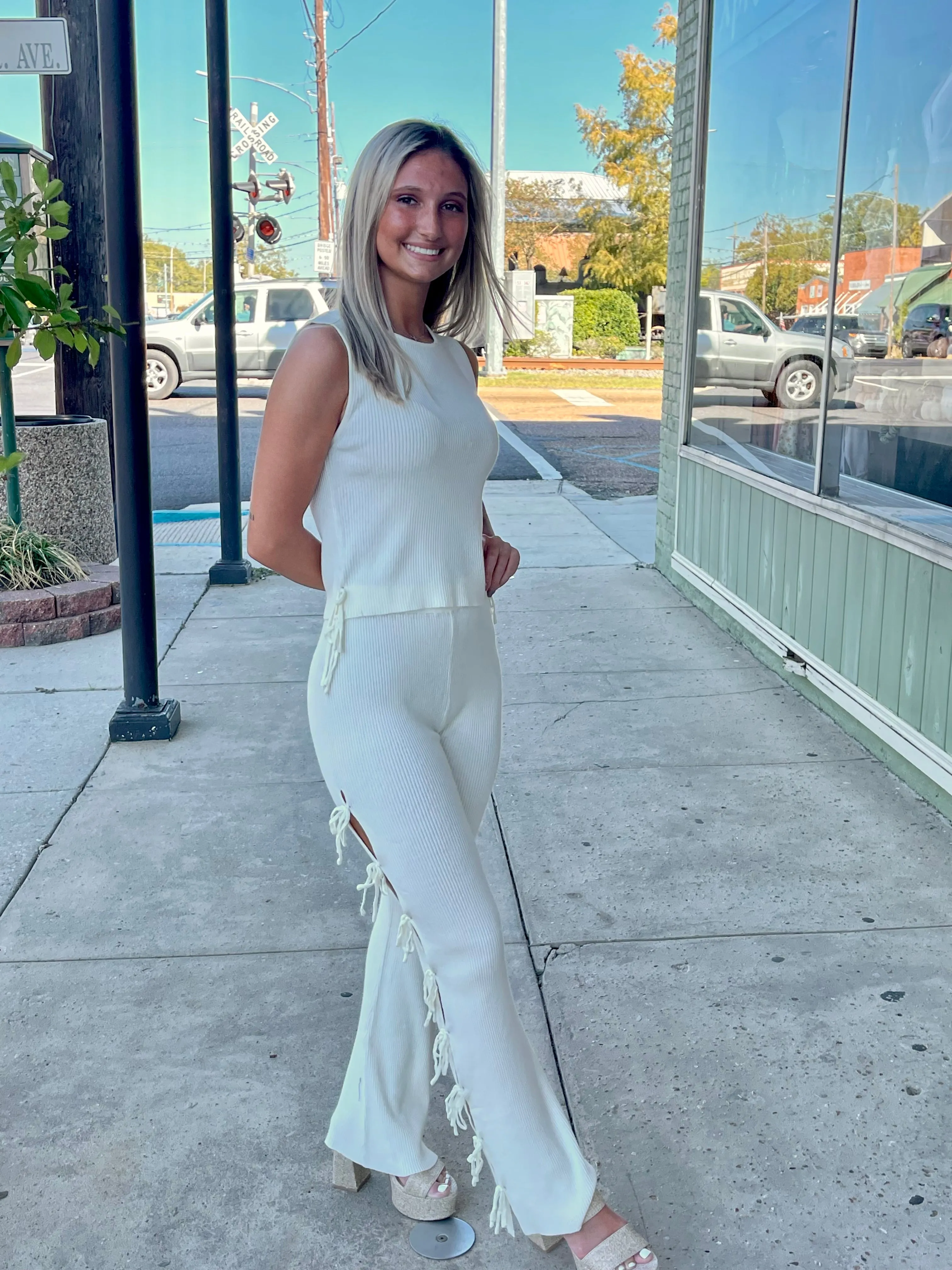 Cream Ribbed Wide Leg Pant