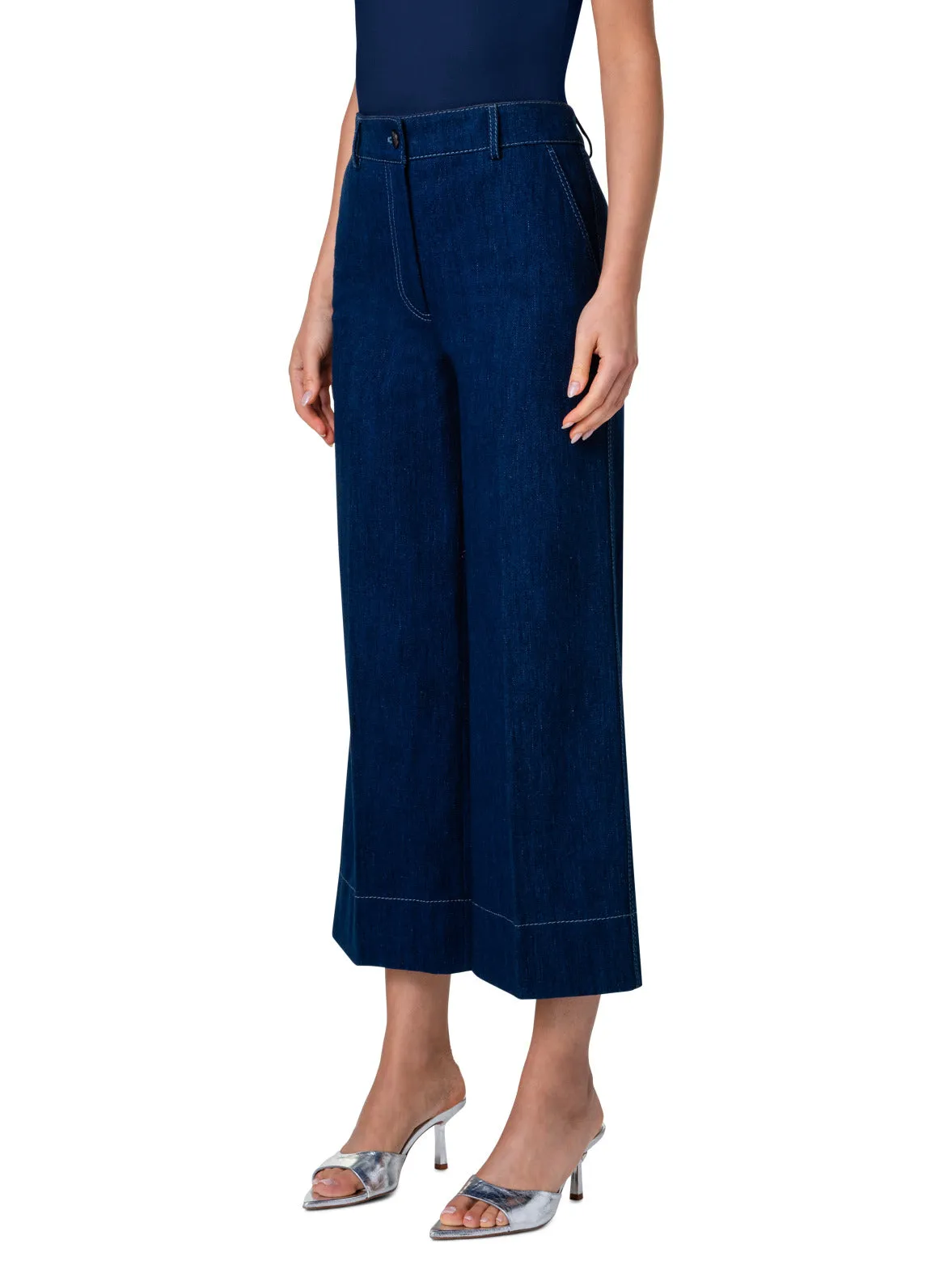 Cropped Wide Cotton Denim Stretch Pants