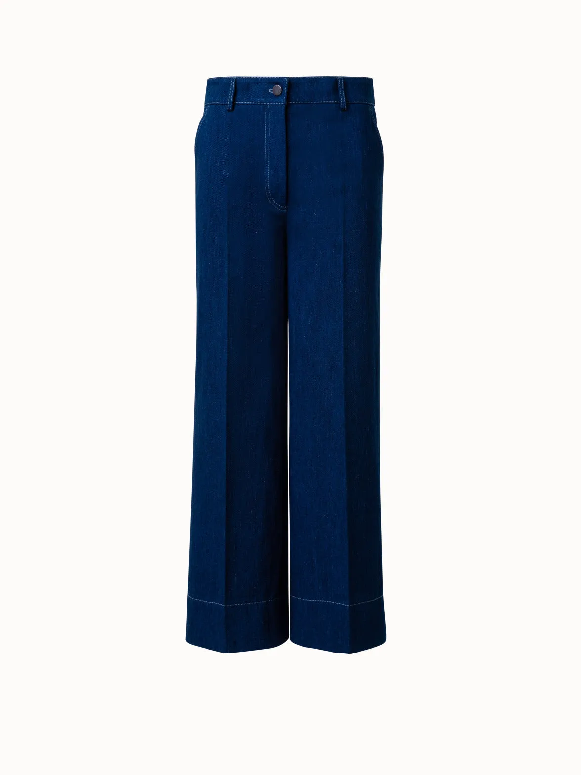Cropped Wide Cotton Denim Stretch Pants