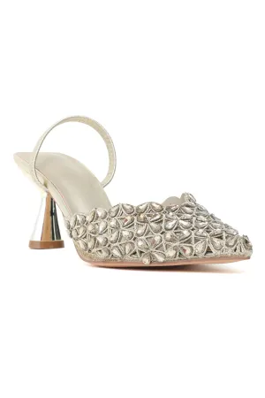 CRYSTAL BLOSSOM EMBELLISHED MULES-LT-Gold