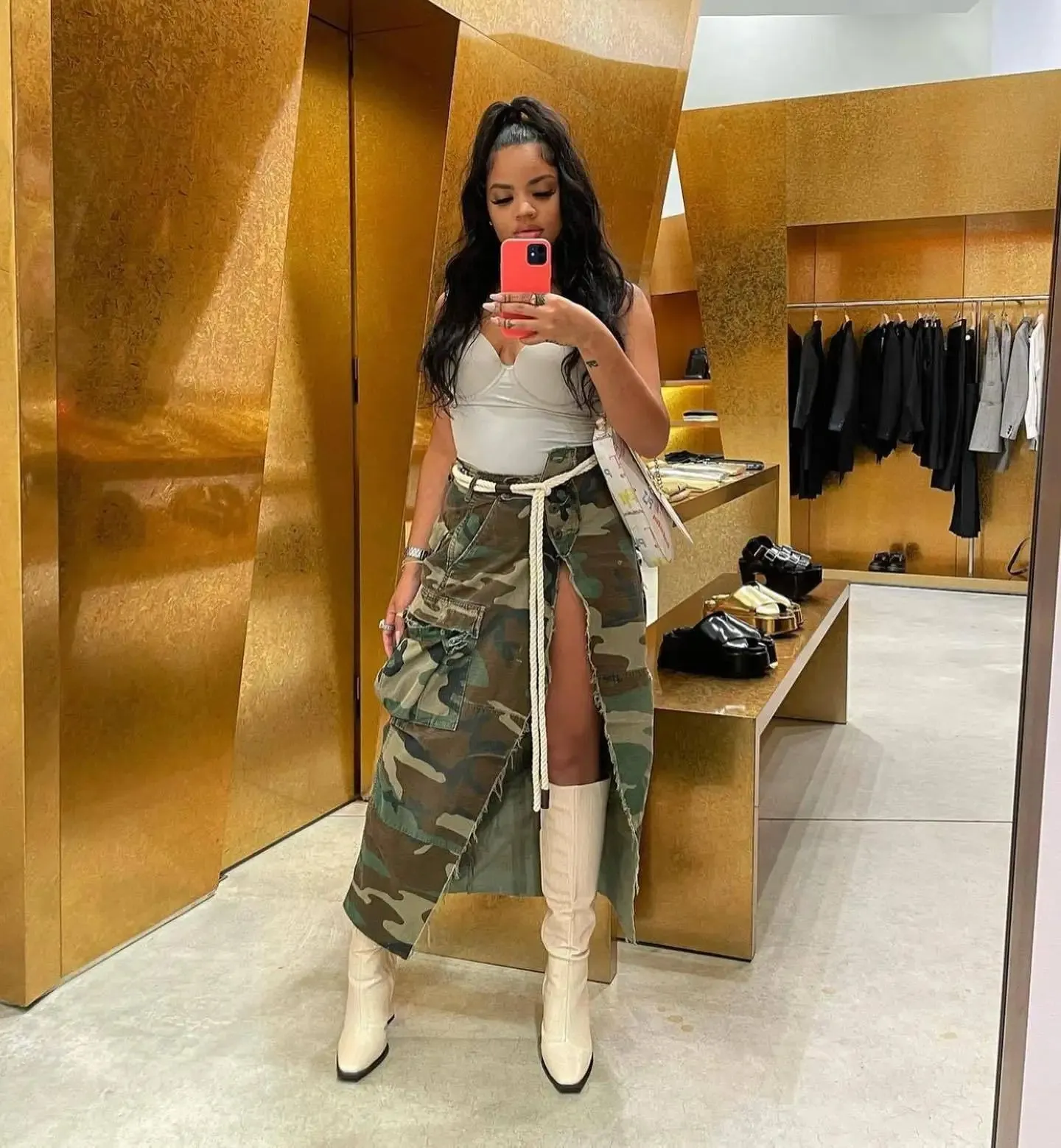DEAT Fashion Women's Camouflage Skirt High Waist Single Breasted Pockets Tassel Full-length Skirts Summer 2024 New Tide 17A7149