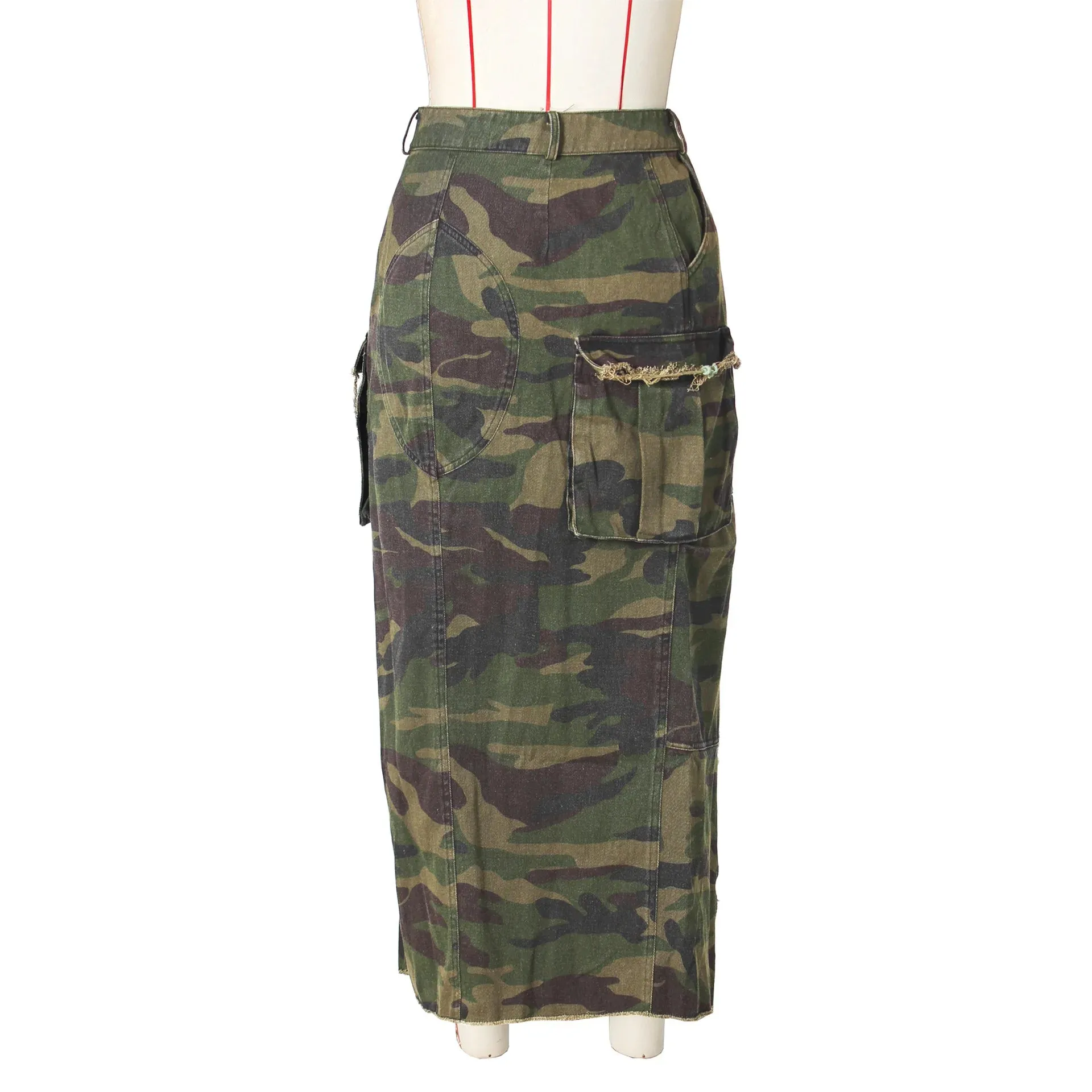 DEAT Fashion Women's Camouflage Skirt High Waist Single Breasted Pockets Tassel Full-length Skirts Summer 2024 New Tide 17A7149