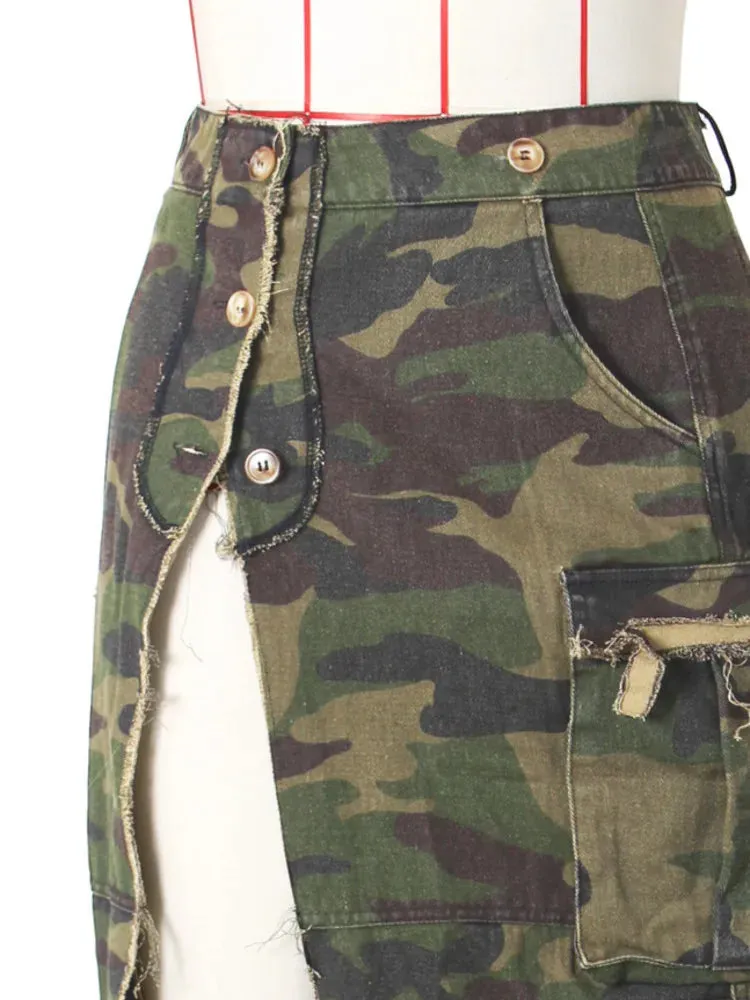 DEAT Fashion Women's Camouflage Skirt High Waist Single Breasted Pockets Tassel Full-length Skirts Summer 2024 New Tide 17A7149
