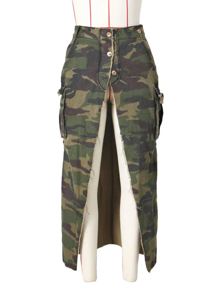 DEAT Fashion Women's Camouflage Skirt High Waist Single Breasted Pockets Tassel Full-length Skirts Summer 2024 New Tide 17A7149