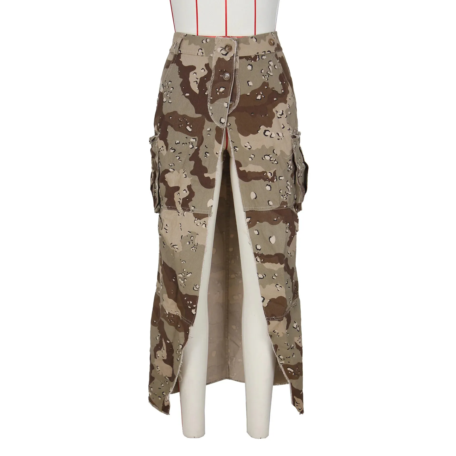 DEAT Fashion Women's Camouflage Skirt High Waist Single Breasted Pockets Tassel Full-length Skirts Summer 2024 New Tide 17A7149