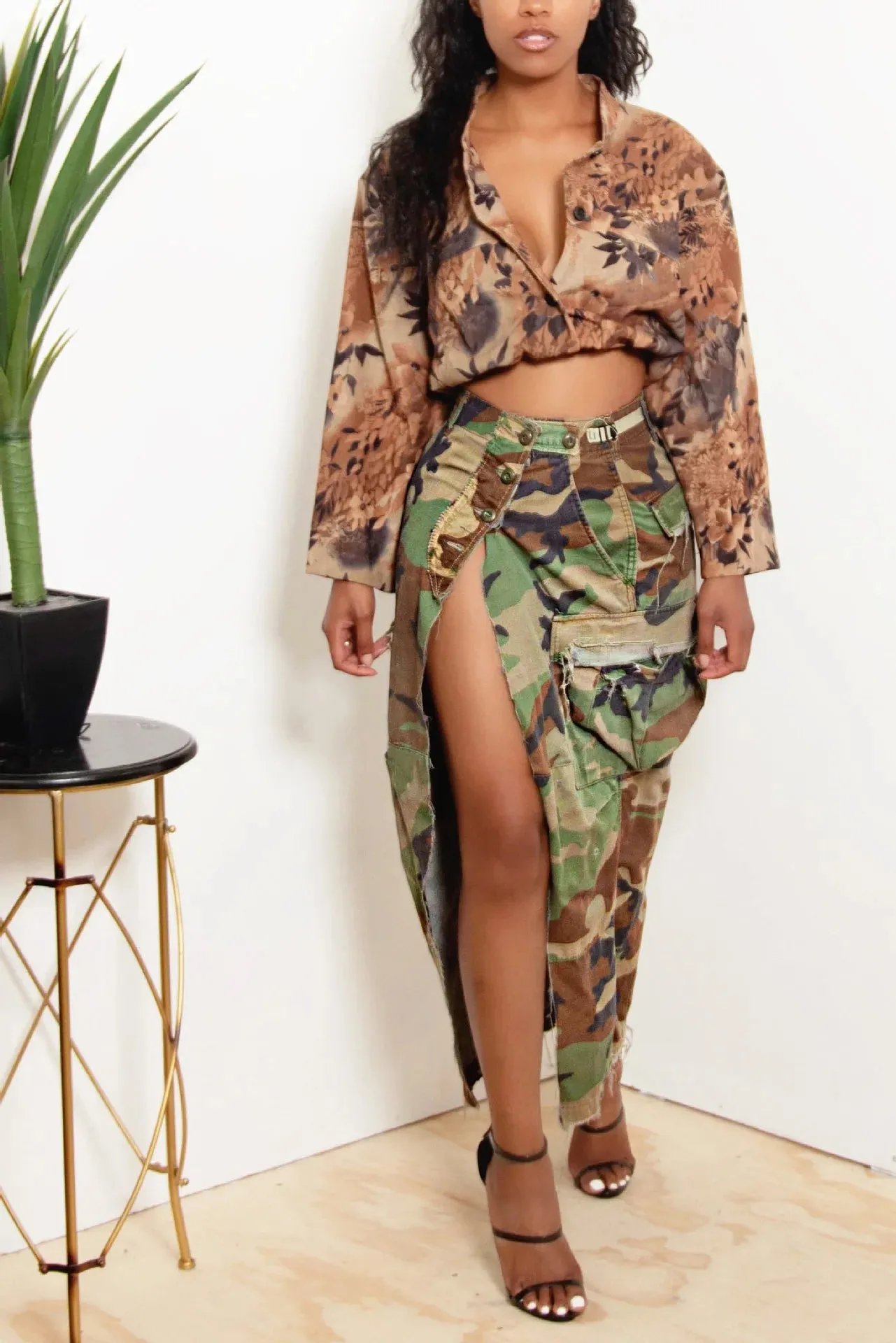 DEAT Fashion Women's Camouflage Skirt High Waist Single Breasted Pockets Tassel Full-length Skirts Summer 2024 New Tide 17A7149