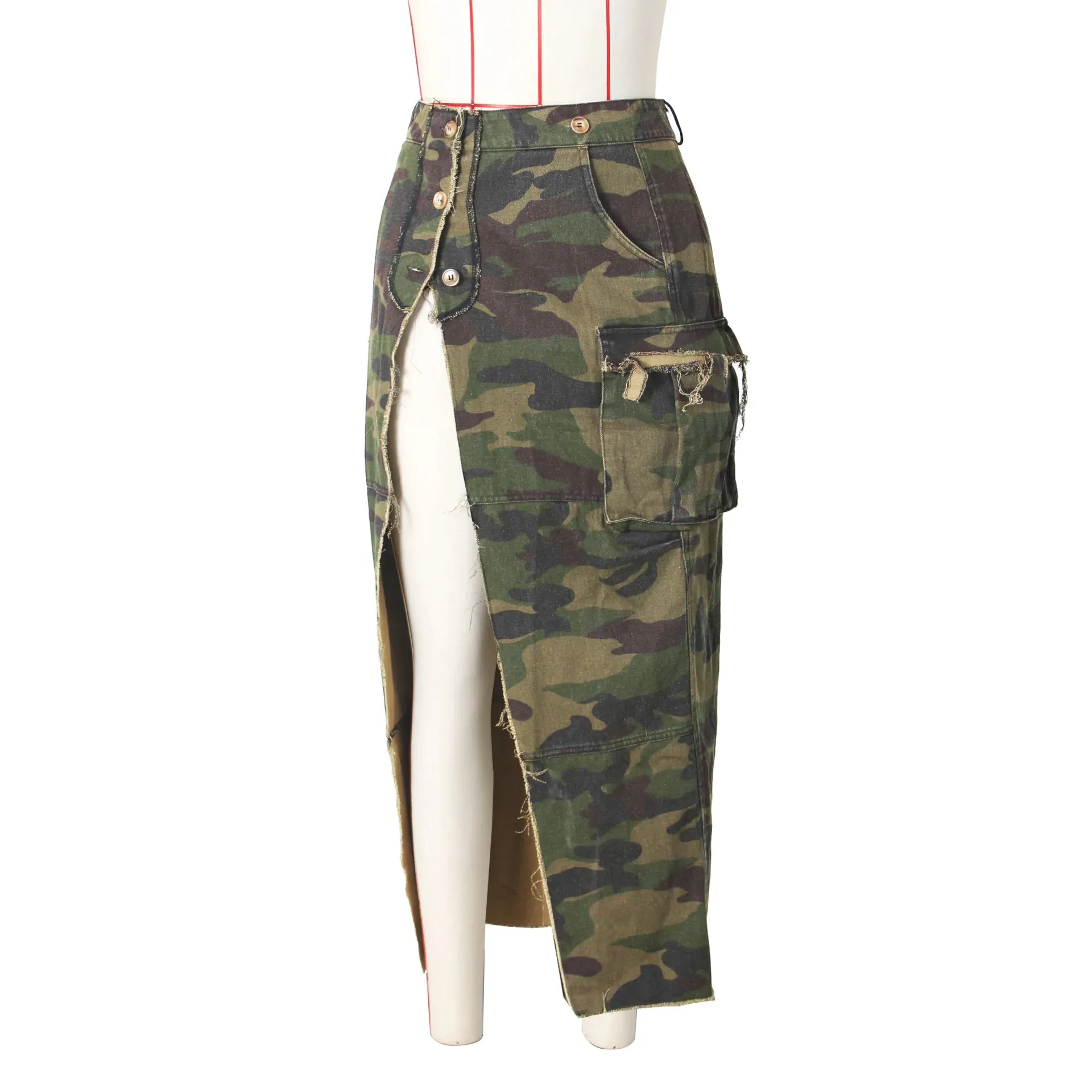 DEAT Fashion Women's Camouflage Skirt High Waist Single Breasted Pockets Tassel Full-length Skirts Summer 2024 New Tide 17A7149