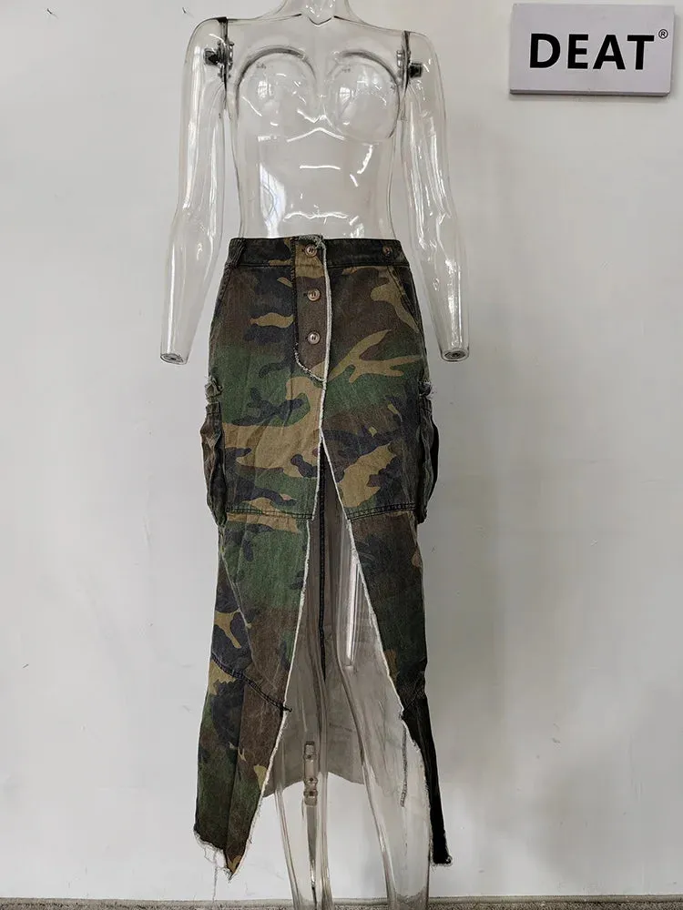 DEAT Fashion Women's Camouflage Skirt High Waist Single Breasted Pockets Tassel Full-length Skirts Summer 2024 New Tide 17A7149
