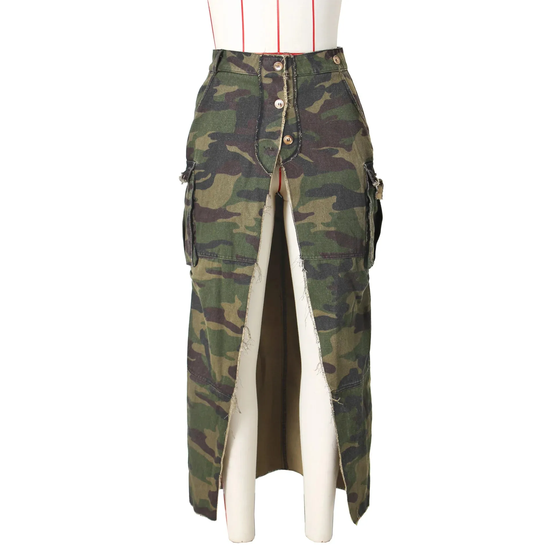DEAT Fashion Women's Camouflage Skirt High Waist Single Breasted Pockets Tassel Full-length Skirts Summer 2024 New Tide 17A7149