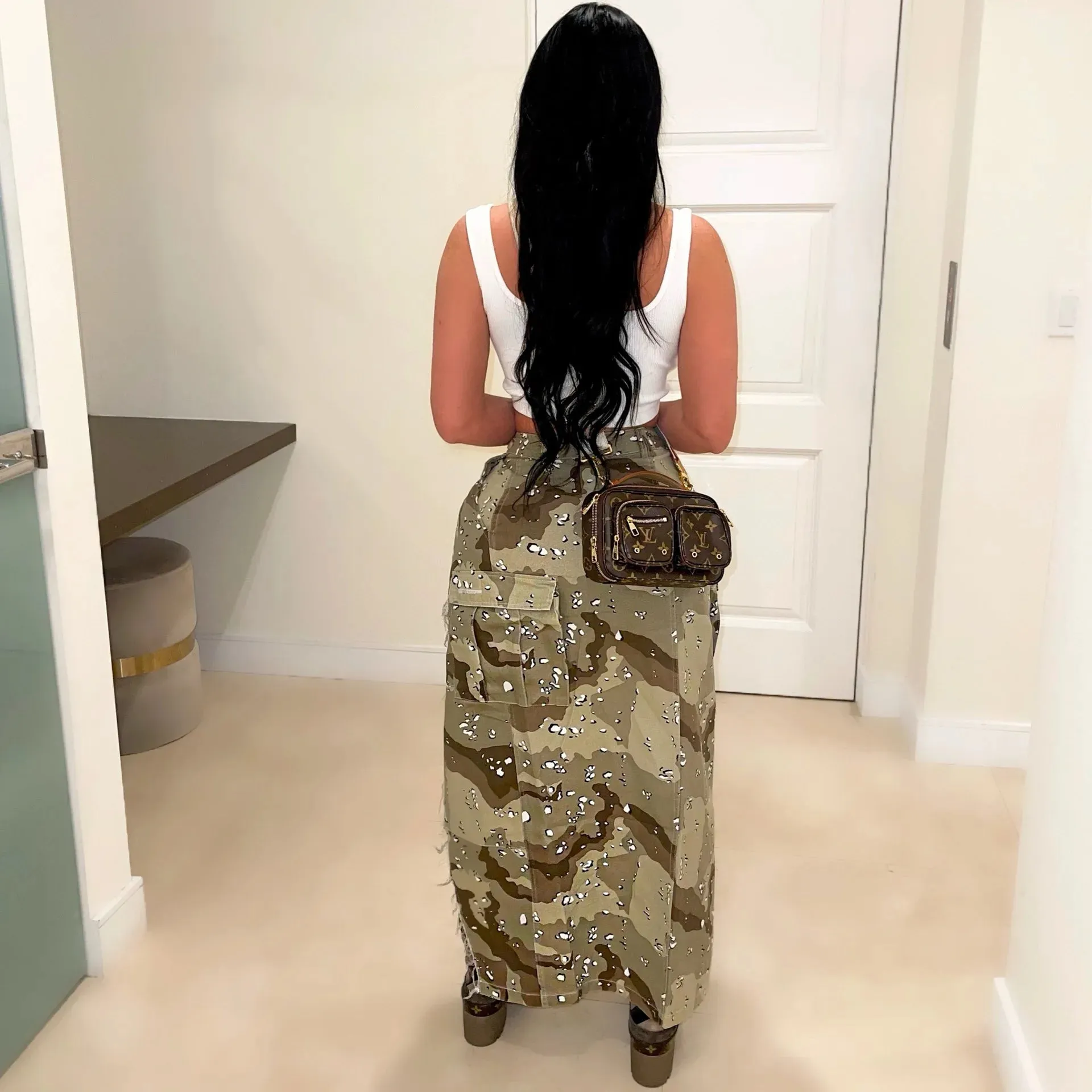 DEAT Fashion Women's Camouflage Skirt High Waist Single Breasted Pockets Tassel Full-length Skirts Summer 2024 New Tide 17A7149