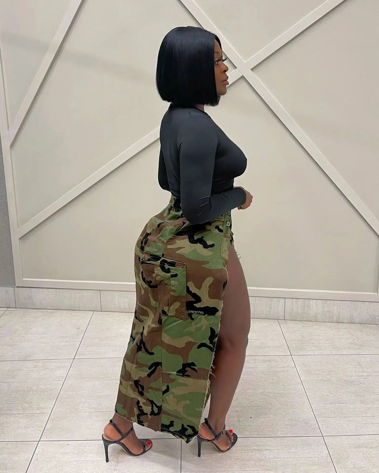 DEAT Fashion Women's Camouflage Skirt High Waist Single Breasted Pockets Tassel Full-length Skirts Summer 2024 New Tide 17A7149