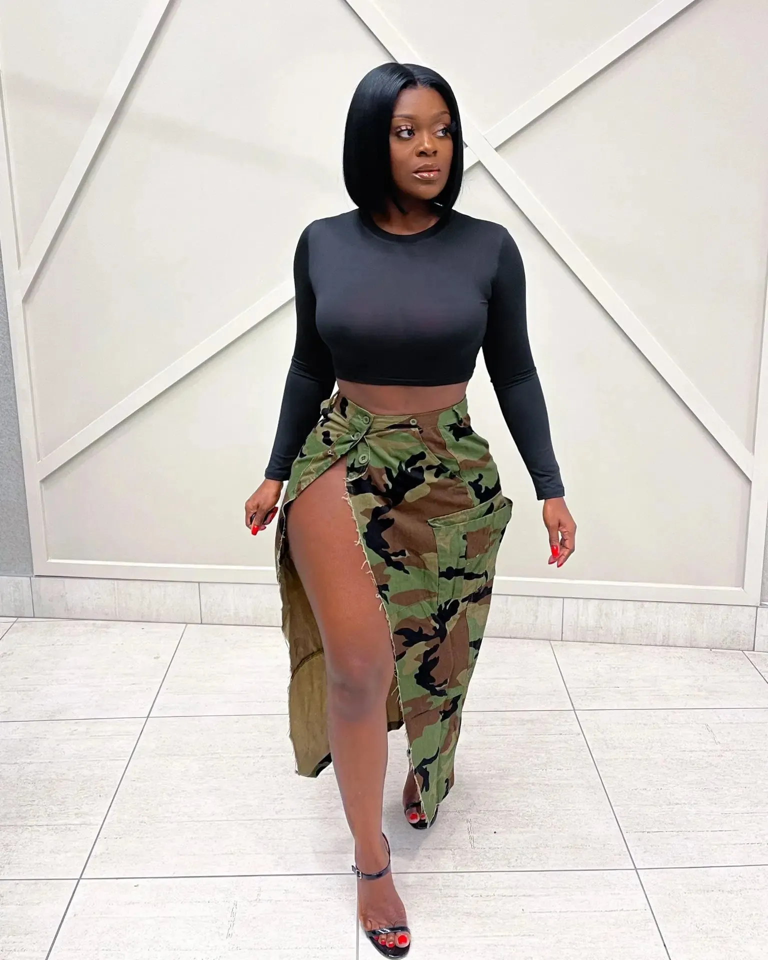 DEAT Fashion Women's Camouflage Skirt High Waist Single Breasted Pockets Tassel Full-length Skirts Summer 2024 New Tide 17A7149